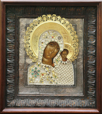 Старинная икона "Богоматерь Казанская" в окладе с бисером, камнями и жемчугом - фото 4